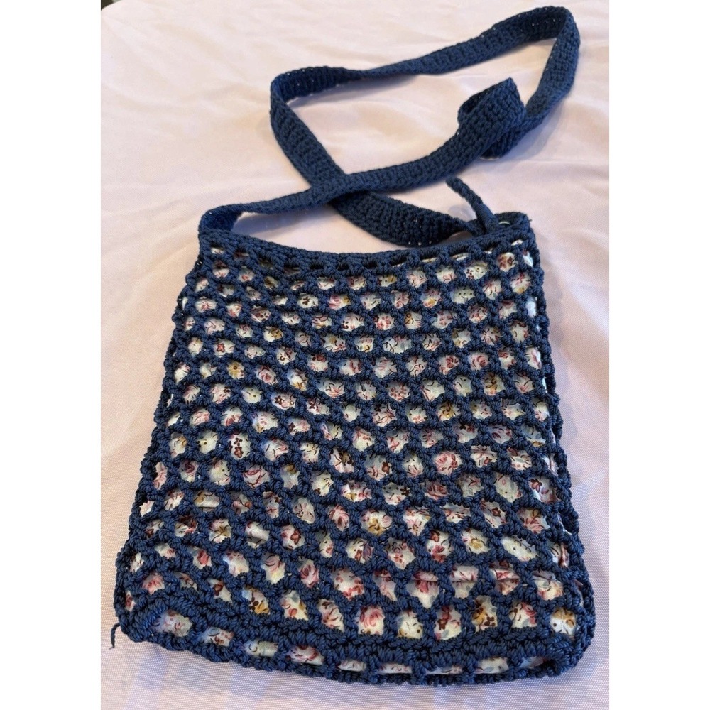Y2K VTG Blue Crochet Floral Lined BOHO Festival Early 2000s Bag Excellent